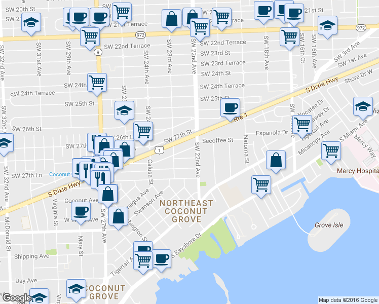 map of restaurants, bars, coffee shops, grocery stores, and more near 2220 SW 27th Terrace in Miami