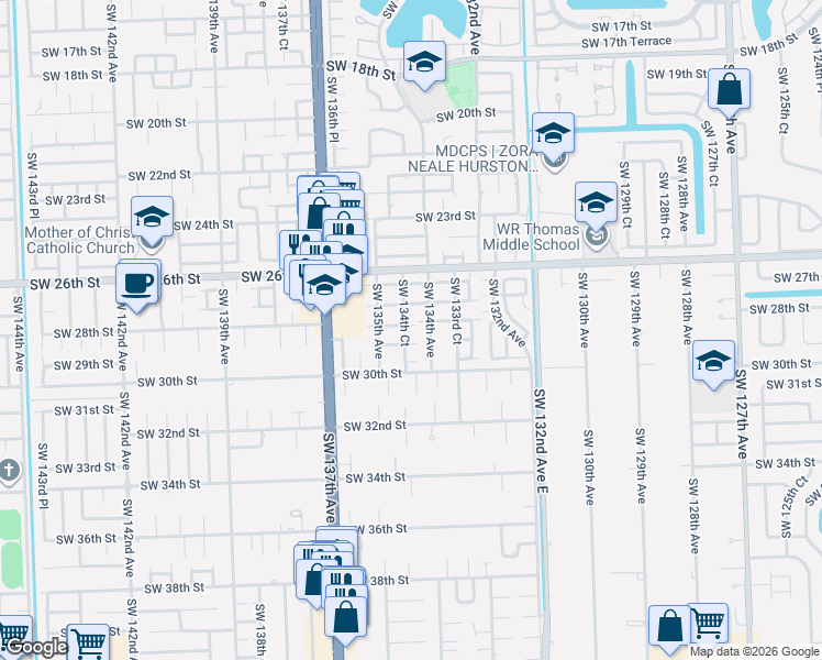 map of restaurants, bars, coffee shops, grocery stores, and more near 13466 Southwest 28th Street in Miami