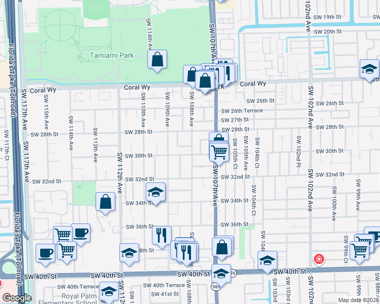 map of restaurants, bars, coffee shops, grocery stores, and more near 10801 Southwest 30th Street in Miami