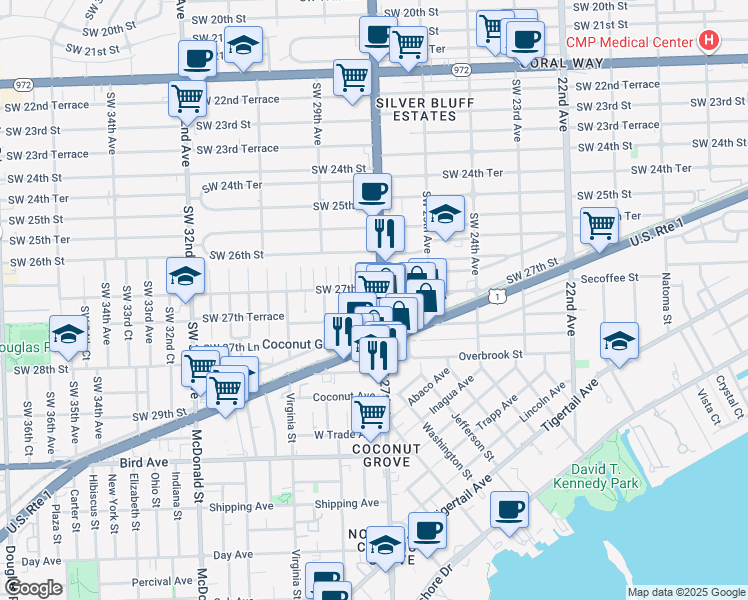 map of restaurants, bars, coffee shops, grocery stores, and more near 2700 Southwest 27th Avenue in Miami