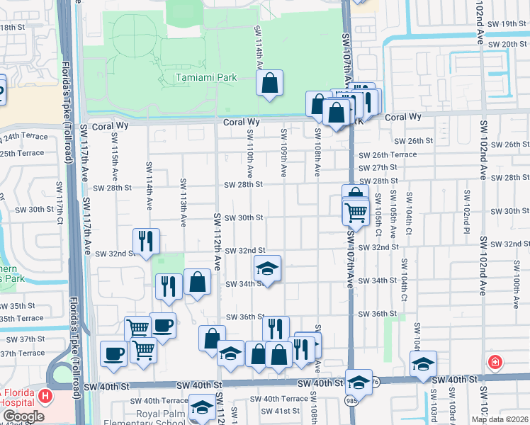map of restaurants, bars, coffee shops, grocery stores, and more near 2980 Southwest 109th Court in Miami