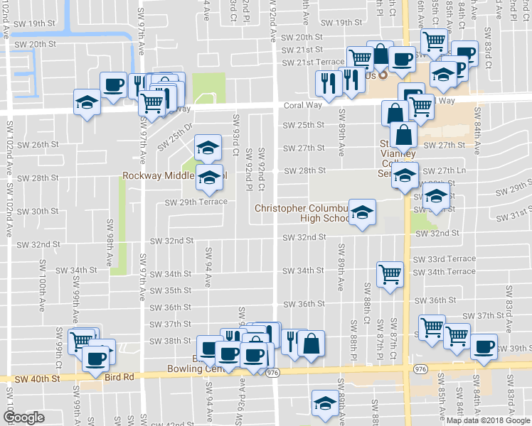map of restaurants, bars, coffee shops, grocery stores, and more near 3021 Southwest 92nd Court in Miami