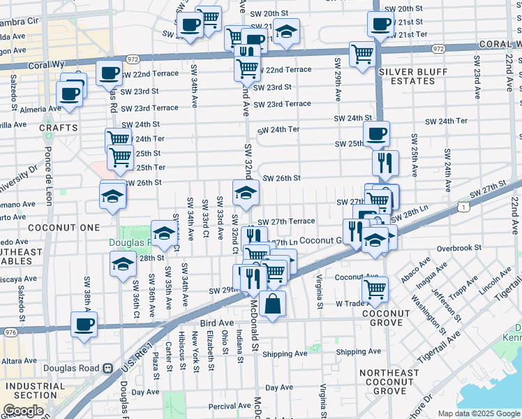 map of restaurants, bars, coffee shops, grocery stores, and more near 3170 Southwest 27th Street in Miami