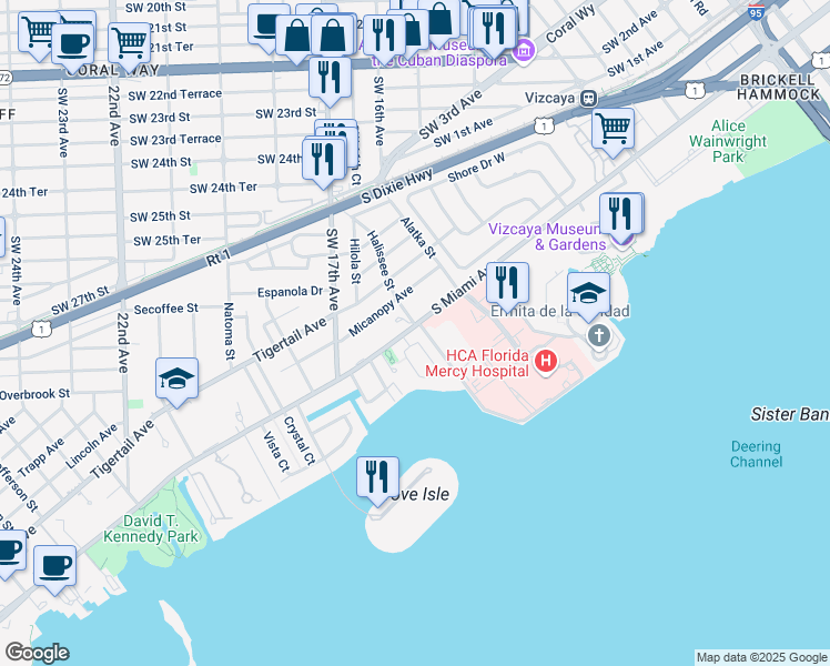 map of restaurants, bars, coffee shops, grocery stores, and more near 1610 South Miami Avenue in Miami