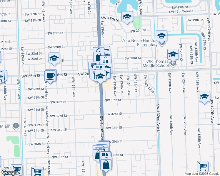 map of restaurants, bars, coffee shops, grocery stores, and more near 13600 Southwest 26th Street in Miami