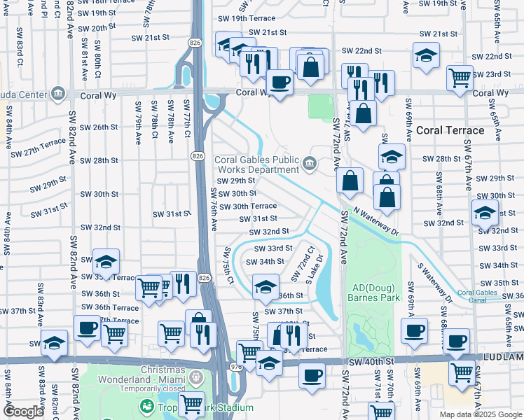 map of restaurants, bars, coffee shops, grocery stores, and more near 7450 SW 30th Terrace in Miami