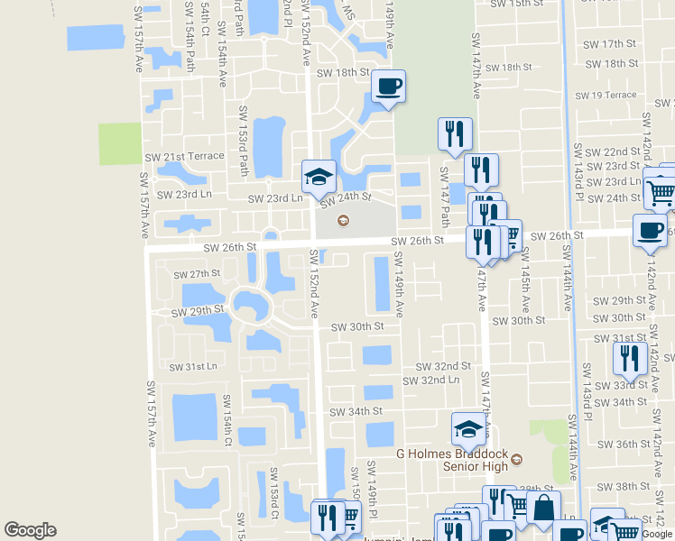 map of restaurants, bars, coffee shops, grocery stores, and more near 15060 Southwest 27th Street in Miami