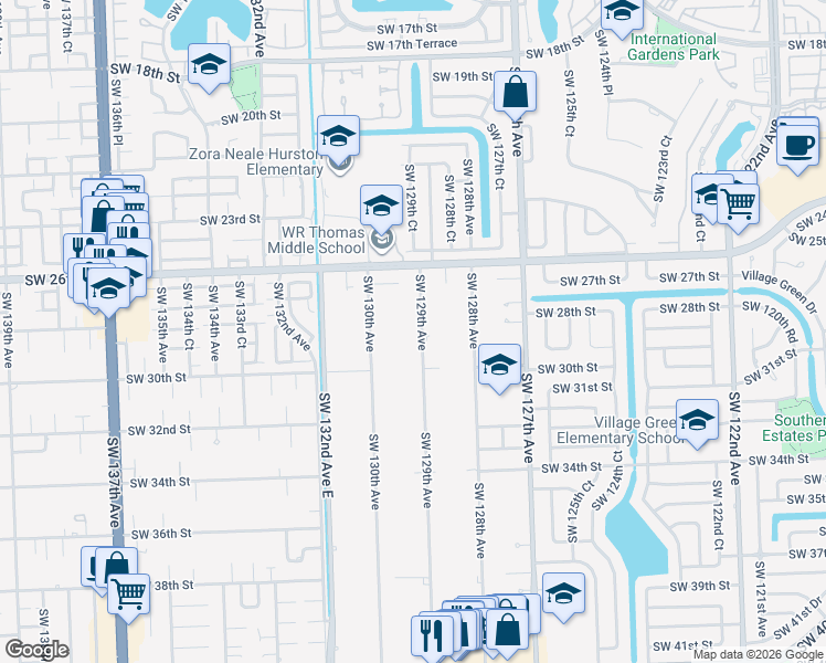 map of restaurants, bars, coffee shops, grocery stores, and more near 2840 Southwest 129th Avenue in Miami