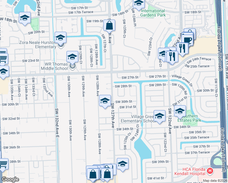 map of restaurants, bars, coffee shops, grocery stores, and more near 2835 Southwest 127th Avenue in Miami