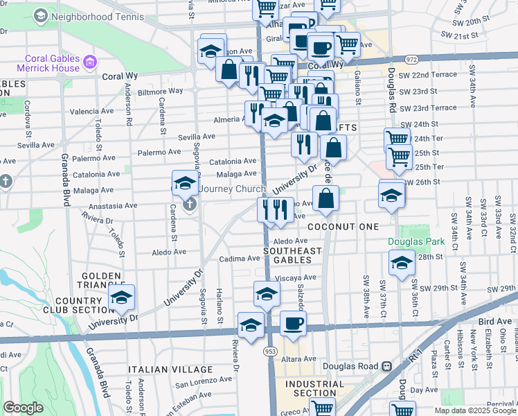 map of restaurants, bars, coffee shops, grocery stores, and more near 405 University Drive in Coral Gables