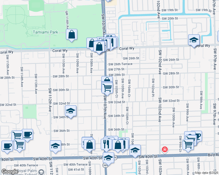map of restaurants, bars, coffee shops, grocery stores, and more near 2930 Southwest 106th Avenue in Miami