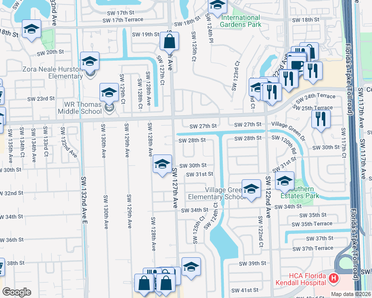 map of restaurants, bars, coffee shops, grocery stores, and more near 2836 Southwest 125th Court in Miami