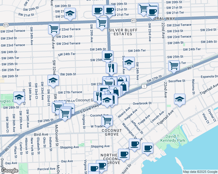 map of restaurants, bars, coffee shops, grocery stores, and more near 2742 Southwest 27th Avenue in Miami