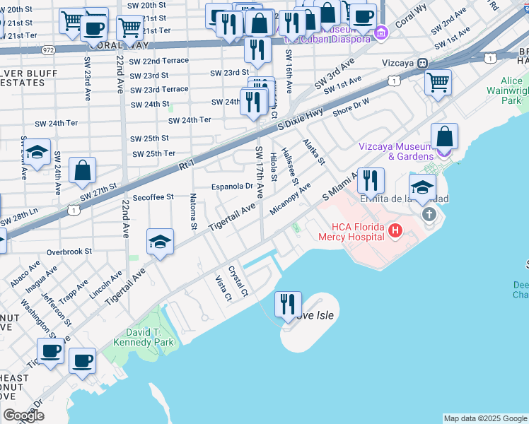 map of restaurants, bars, coffee shops, grocery stores, and more near 2855 Southwest 17th Avenue in Miami