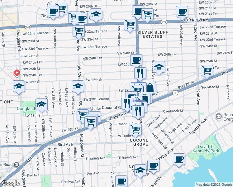 map of restaurants, bars, coffee shops, grocery stores, and more near 2711 Southwest 29th Court in Miami