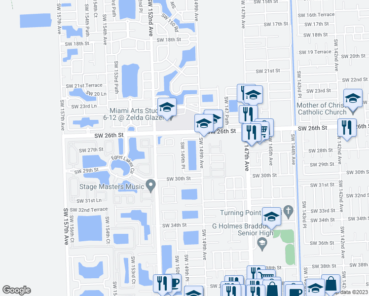 map of restaurants, bars, coffee shops, grocery stores, and more near 2721 Southwest 149th Place in Miami