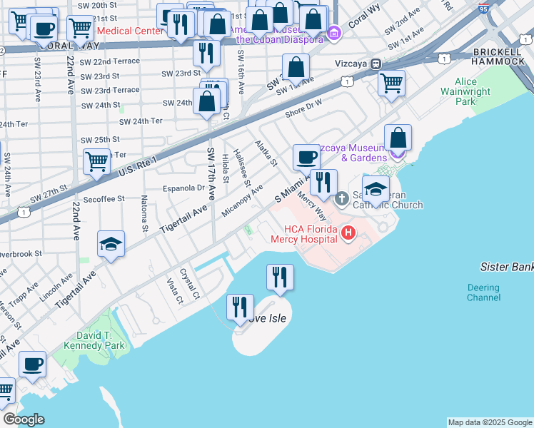 map of restaurants, bars, coffee shops, grocery stores, and more near 1610 South Miami Avenue in Miami