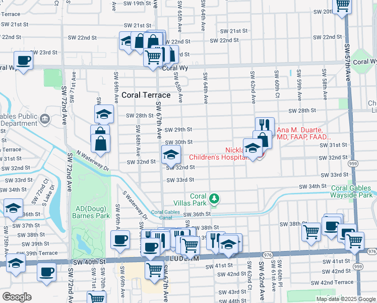 map of restaurants, bars, coffee shops, grocery stores, and more near 6485 Southwest 31st Street in Miami