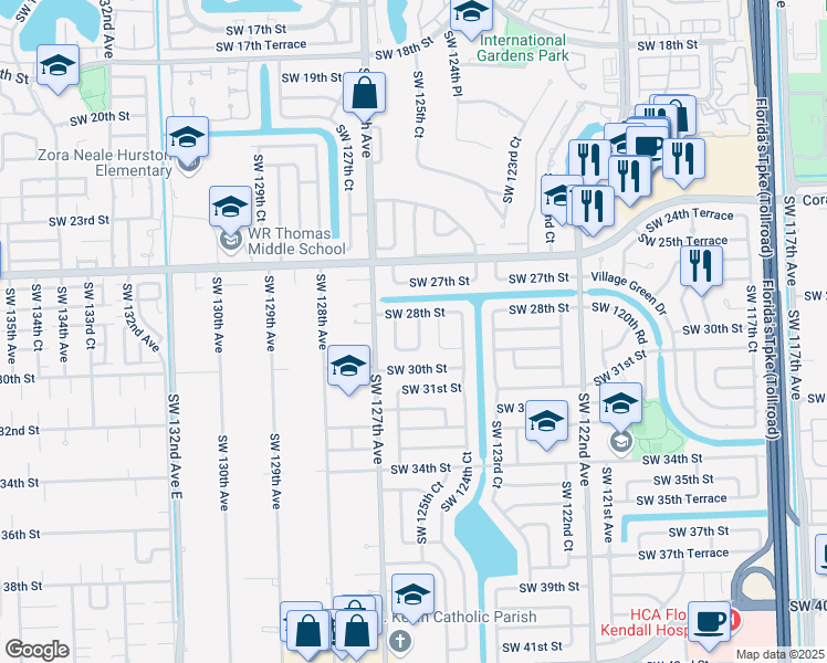 map of restaurants, bars, coffee shops, grocery stores, and more near 2836 Southwest 125th Court in Miami