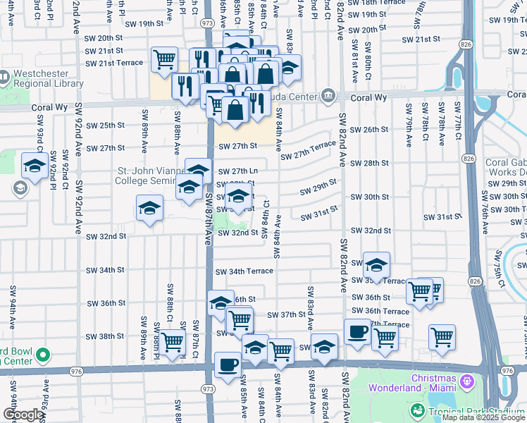 map of restaurants, bars, coffee shops, grocery stores, and more near 3070 Southwest 84th Court in Miami