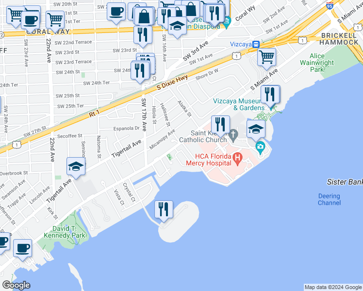 map of restaurants, bars, coffee shops, grocery stores, and more near 1610 South Miami Avenue in Miami