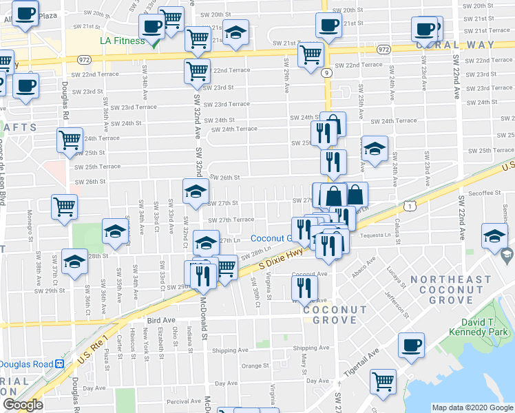 map of restaurants, bars, coffee shops, grocery stores, and more near 2725 Southwest 30th Court in Miami