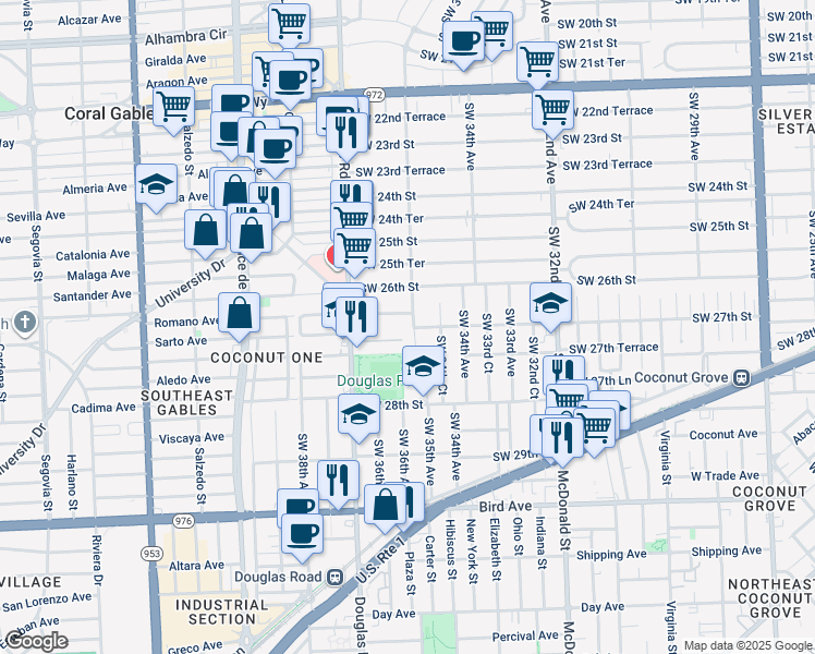 map of restaurants, bars, coffee shops, grocery stores, and more near 3486 Southwest 27th Street in Miami