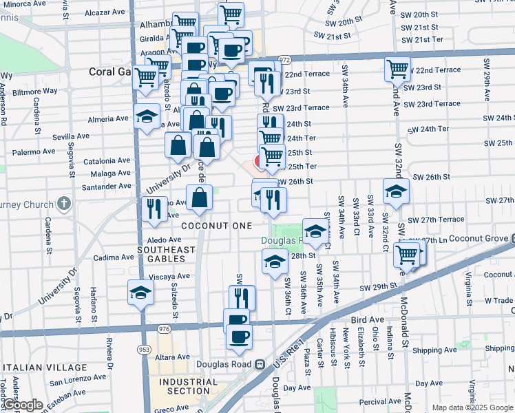 map of restaurants, bars, coffee shops, grocery stores, and more near 2660 Southwest 37th Avenue in Miami