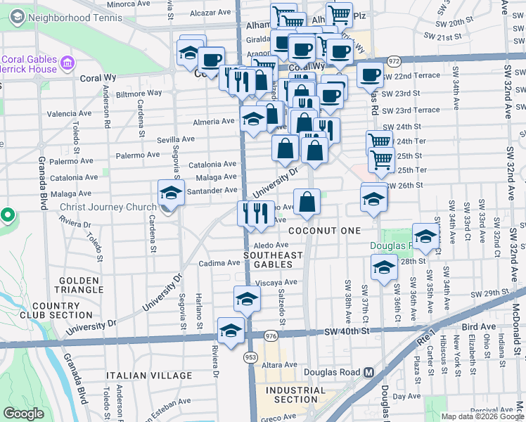 map of restaurants, bars, coffee shops, grocery stores, and more near 3225 South Le Jeune Road in Coral Gables