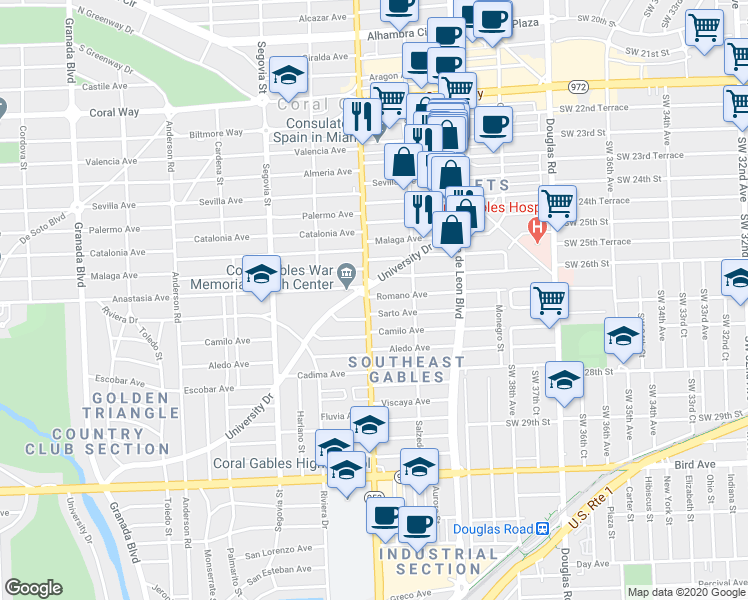 map of restaurants, bars, coffee shops, grocery stores, and more near 3225 South Le Jeune Road in Coral Gables