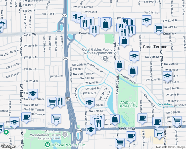 map of restaurants, bars, coffee shops, grocery stores, and more near 7330 Southwest 34th Street Road in Miami