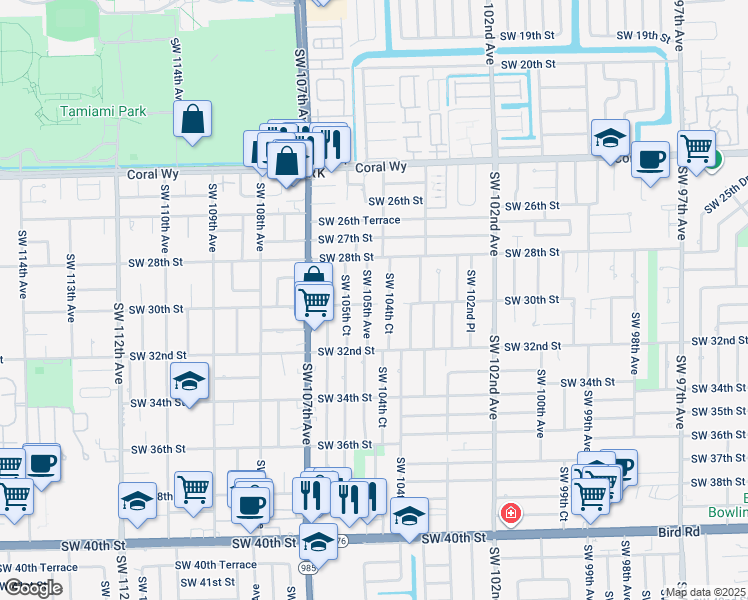 map of restaurants, bars, coffee shops, grocery stores, and more near 10501 Southwest 30th Street in Miami