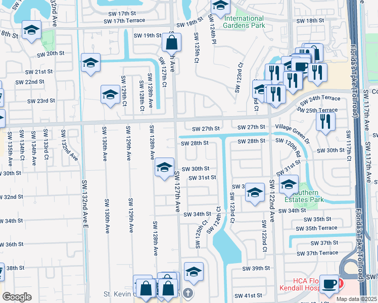 map of restaurants, bars, coffee shops, grocery stores, and more near 2836 Southwest 125th Court in Miami