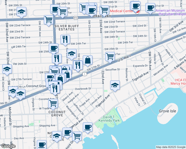 map of restaurants, bars, coffee shops, grocery stores, and more near 2273 Secoffee Terrace in Miami