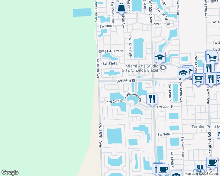 map of restaurants, bars, coffee shops, grocery stores, and more near 15561 Southwest 27th Street in Miami