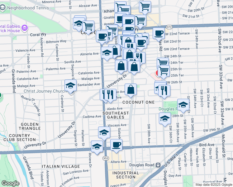 map of restaurants, bars, coffee shops, grocery stores, and more near 300 Romano Avenue in Coral Gables