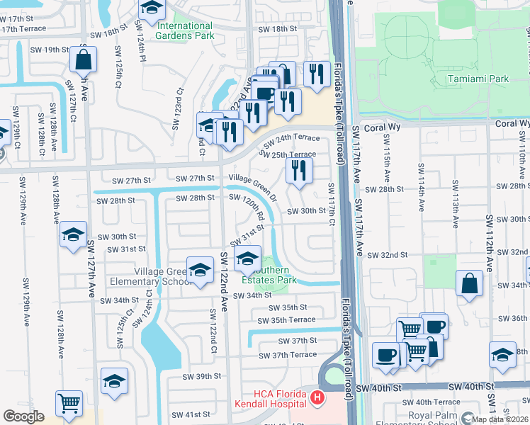 map of restaurants, bars, coffee shops, grocery stores, and more near 2921 Southwest 120th Road in Miami