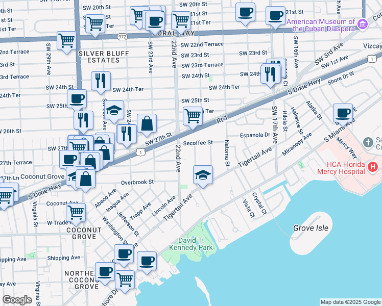 map of restaurants, bars, coffee shops, grocery stores, and more near 2814 Emathla Street in Miami