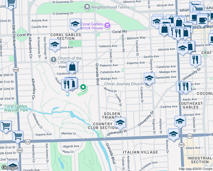 map of restaurants, bars, coffee shops, grocery stores, and more near 3200 Riviera Drive in Coral Gables