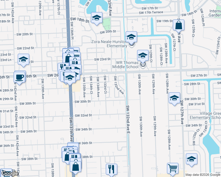 map of restaurants, bars, coffee shops, grocery stores, and more near 13244 Southwest 28th Street in Miami