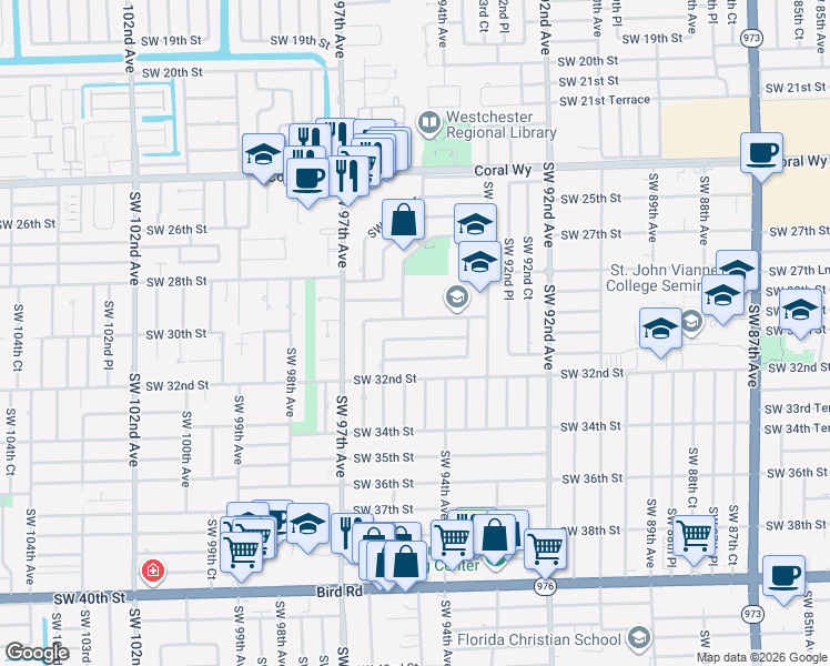 map of restaurants, bars, coffee shops, grocery stores, and more near 9451 Southwest 30th Terrace in Miami
