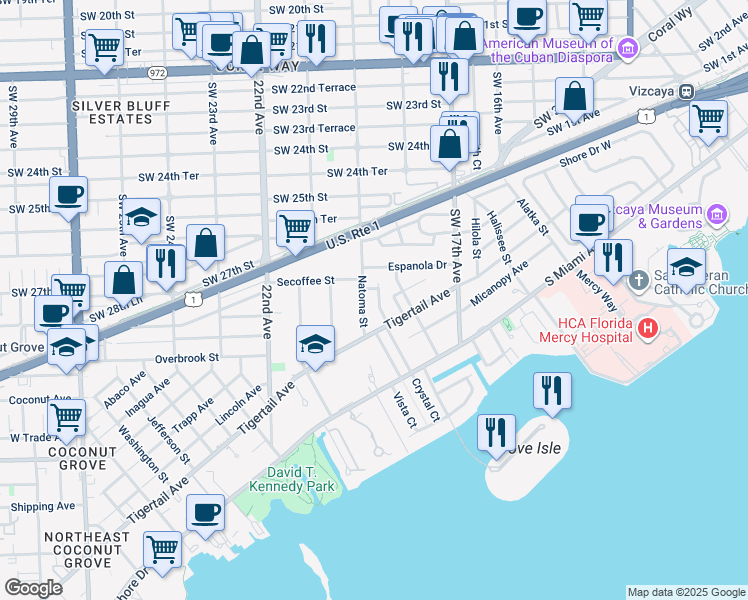 map of restaurants, bars, coffee shops, grocery stores, and more near 2844 Chucunantah Road in Miami