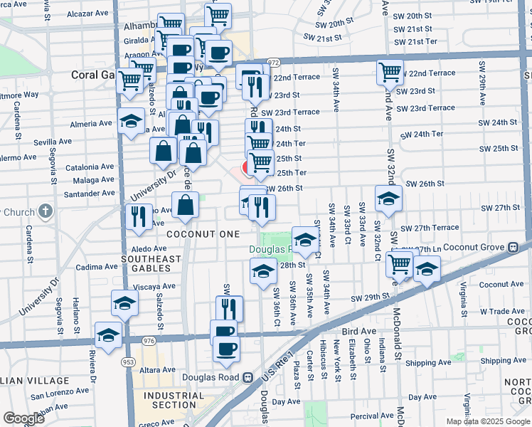 map of restaurants, bars, coffee shops, grocery stores, and more near 2665 Southwest 37th Avenue in Miami