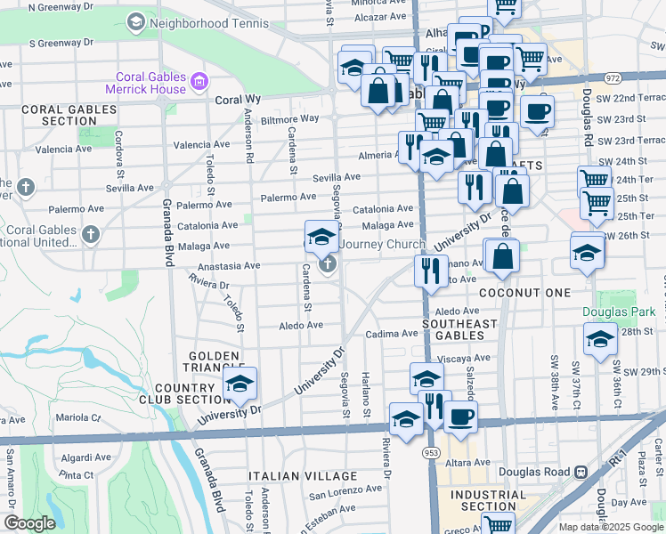 map of restaurants, bars, coffee shops, grocery stores, and more near 610 Anastasia Avenue in Coral Gables