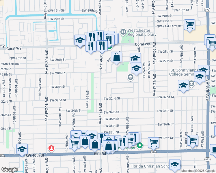 map of restaurants, bars, coffee shops, grocery stores, and more near 3001 Southwest 96th Avenue in Miami