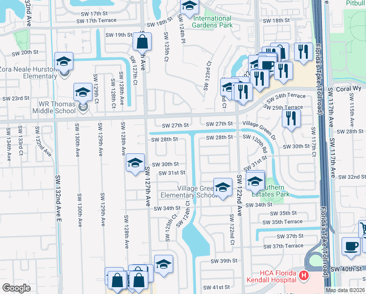 map of restaurants, bars, coffee shops, grocery stores, and more near 2842 Southwest 124th Court in Miami