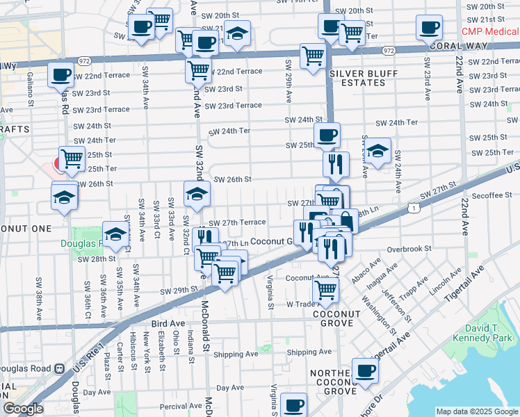 map of restaurants, bars, coffee shops, grocery stores, and more near 3030 Southwest 27th Street in Miami