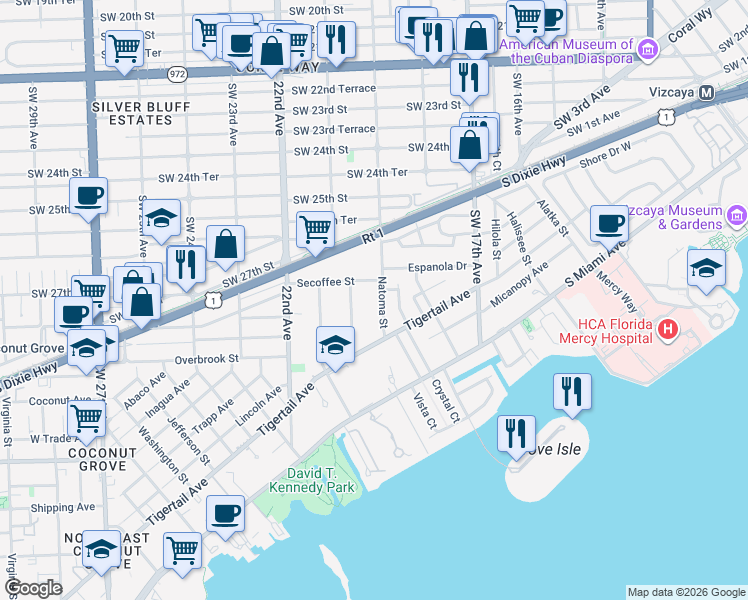 map of restaurants, bars, coffee shops, grocery stores, and more near 2850 Natoma Street in Miami