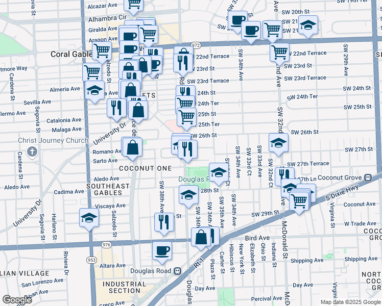 map of restaurants, bars, coffee shops, grocery stores, and more near 3635 Southwest 27th Street in Miami