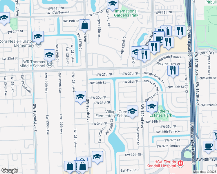 map of restaurants, bars, coffee shops, grocery stores, and more near 2842 Southwest 124th Court in Miami